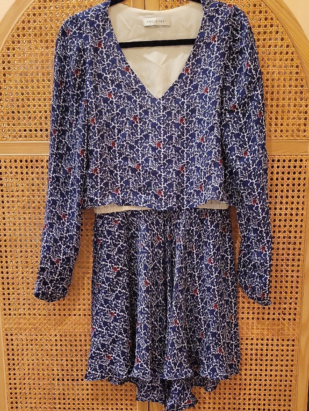 Amour Vert Navy Blue Floral V-Neck Long Sleeve Dress with Red Accents